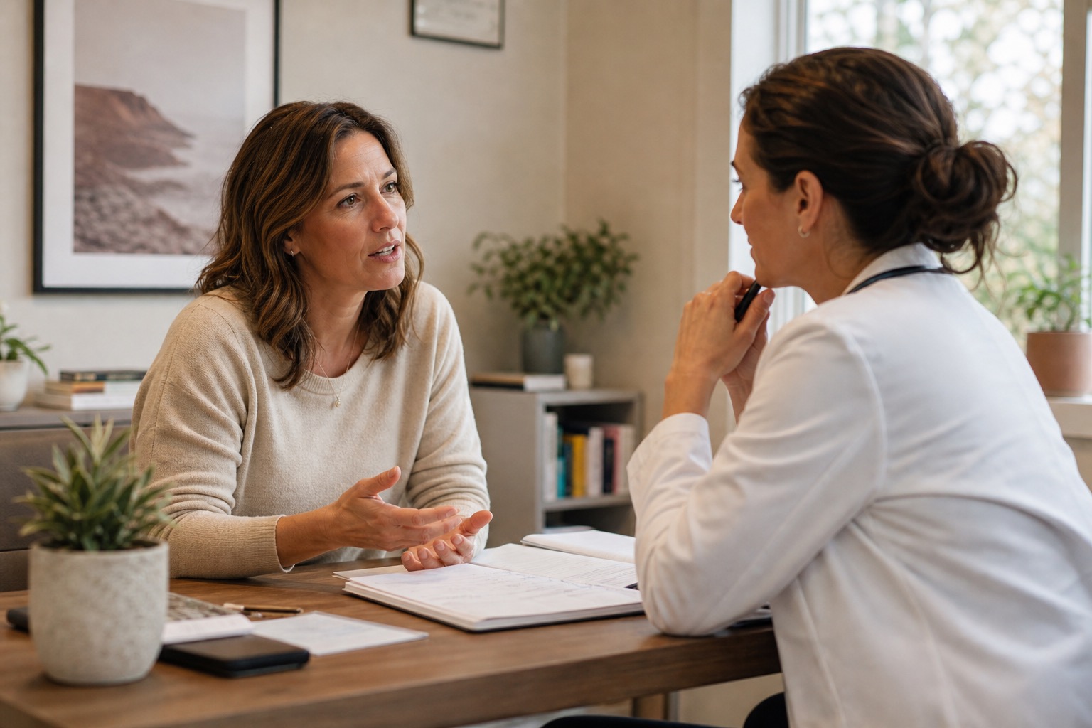 Woman discussing normal lab results and perimenopause symptoms with a healthcare provider