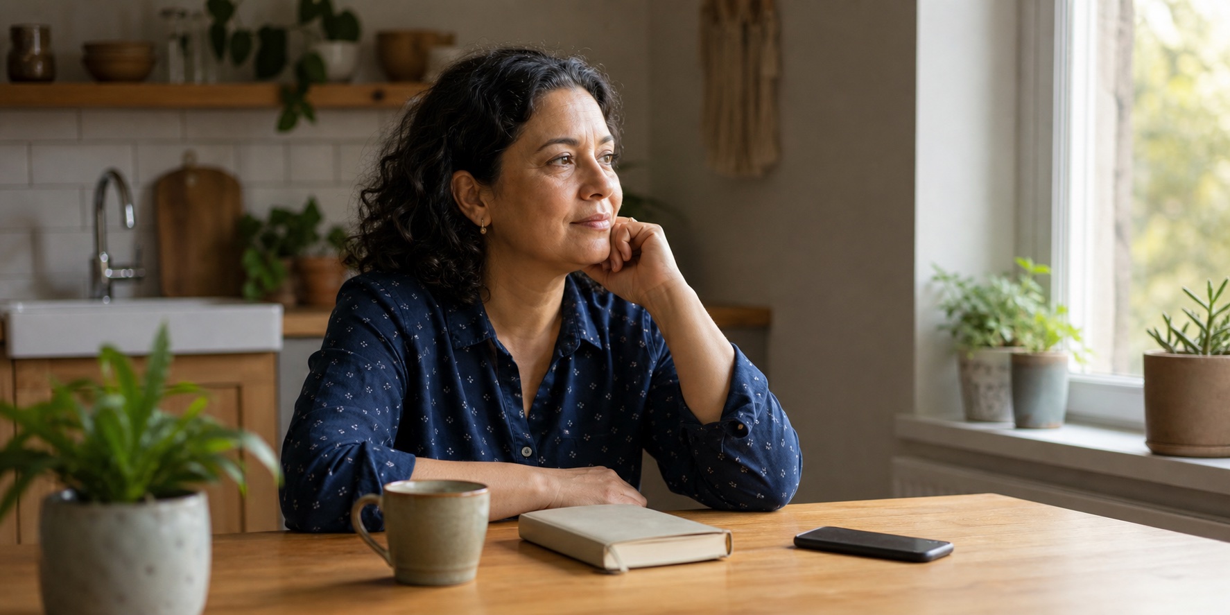 Woman in her forties pausing with a notebook at a sunny kitchen table before a healthcare conversation