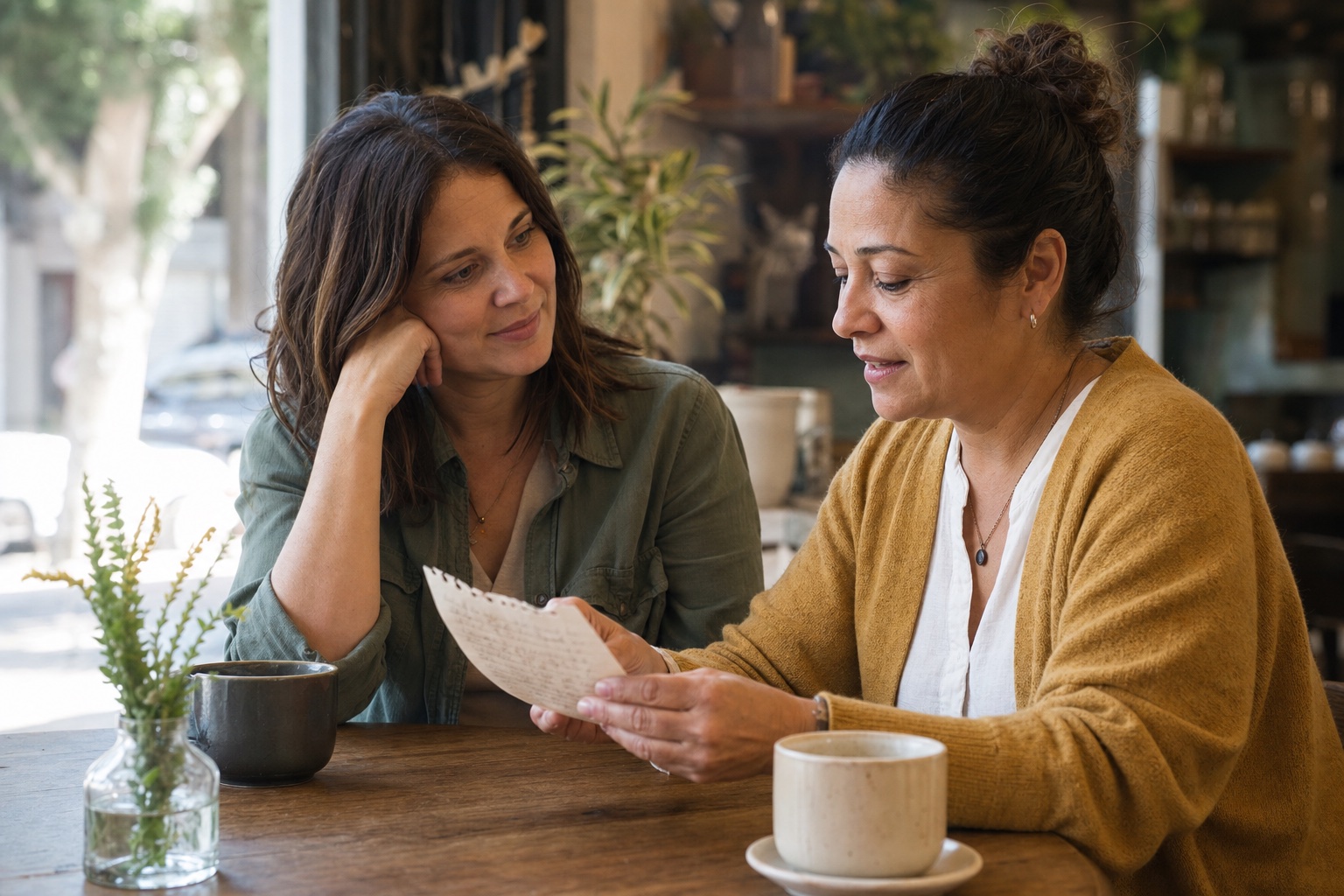 Woman looking at appointment notes while a friend listens supportively over coffee