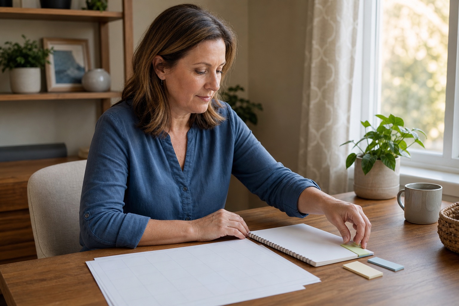 Woman organizing a blank calendar and notes at home before a healthcare appointment