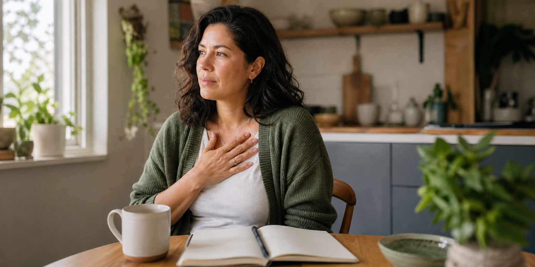Woman sitting at a kitchen table taking a steady breath while thinking about perimenopause anxiety symptoms