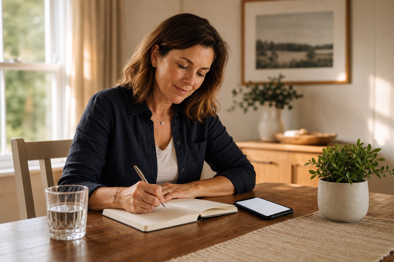Woman writing in a notebook beside a phone calendar to track perimenopause anxiety symptoms