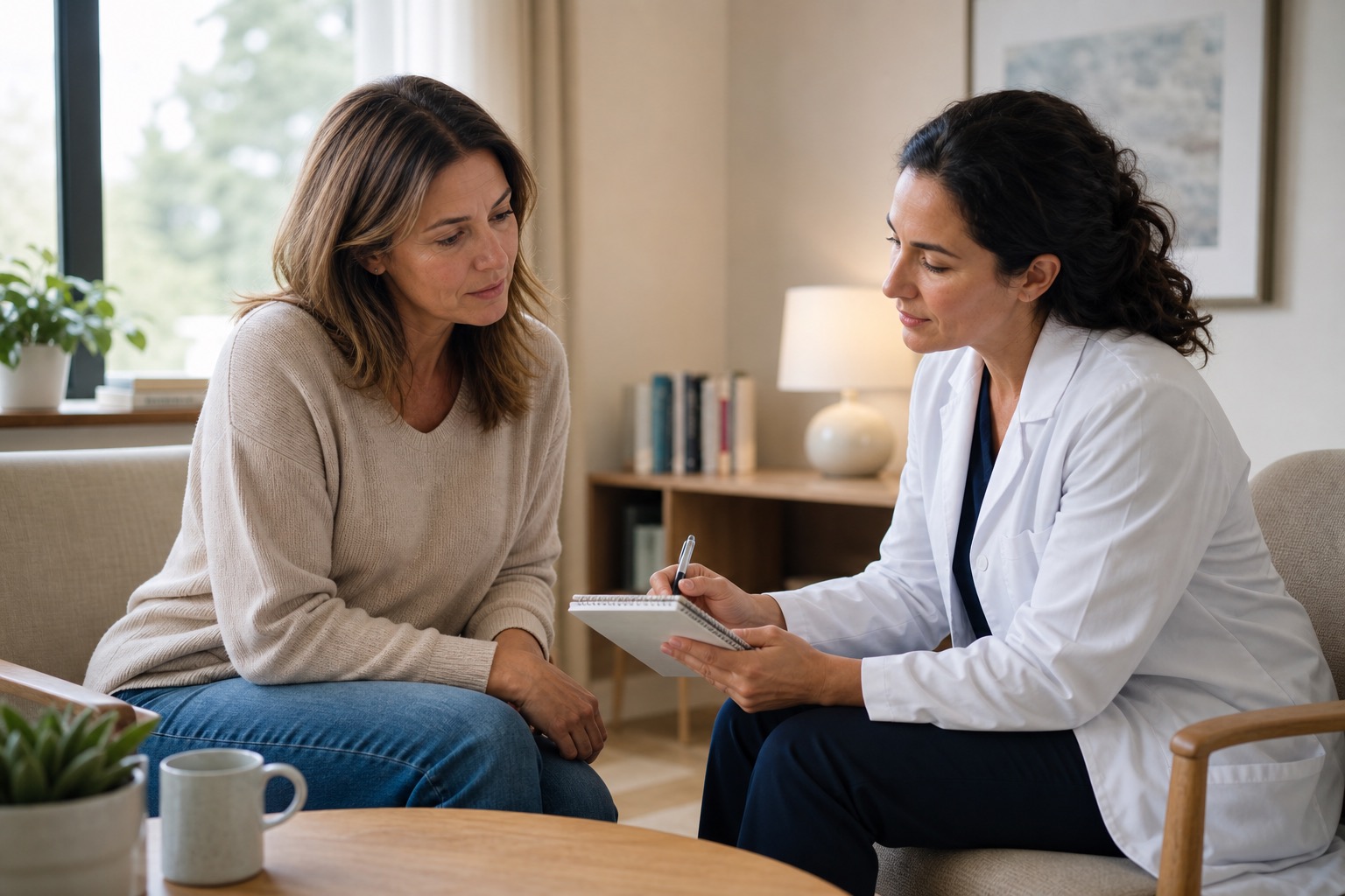Woman discussing perimenopause anxiety symptoms with a clinician in a calm consultation room