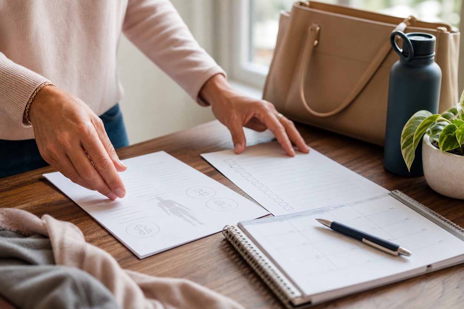 Hands arranging a symptom summary and checklist before a perimenopause appointment