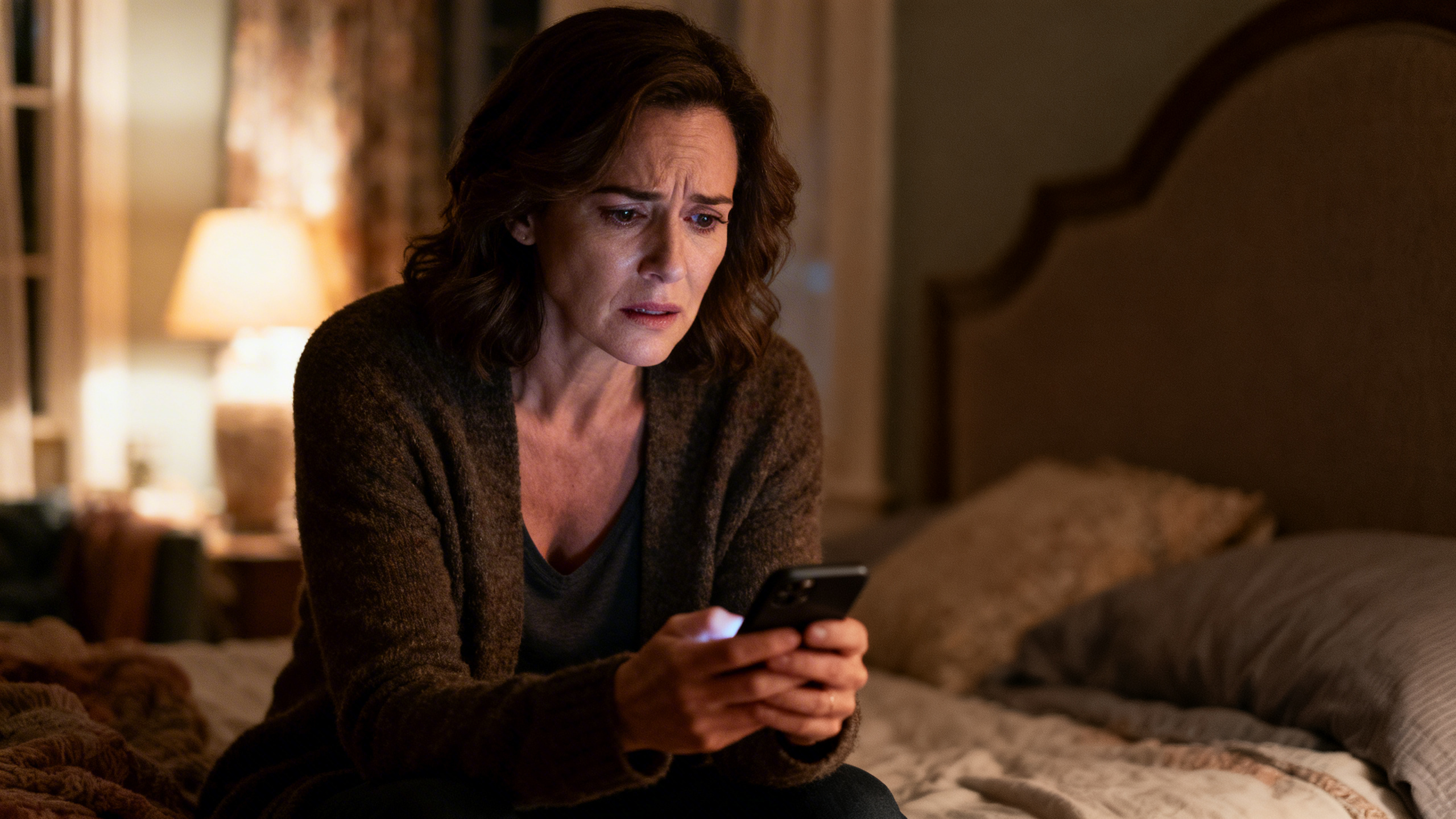 Woman in her late 30s searching for answers on her phone late at night