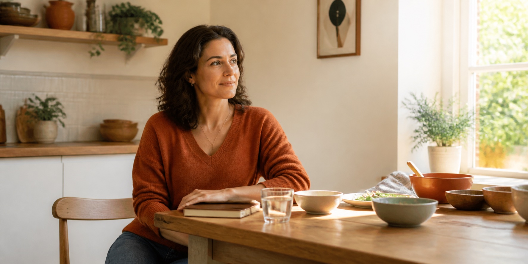 Midlife woman pausing after a meal at a sunlit kitchen table while noticing digestive discomfort