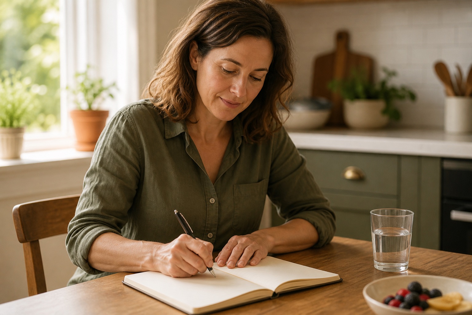 Midlife woman making a few brief meal and symptom notes in a notebook at a kitchen table