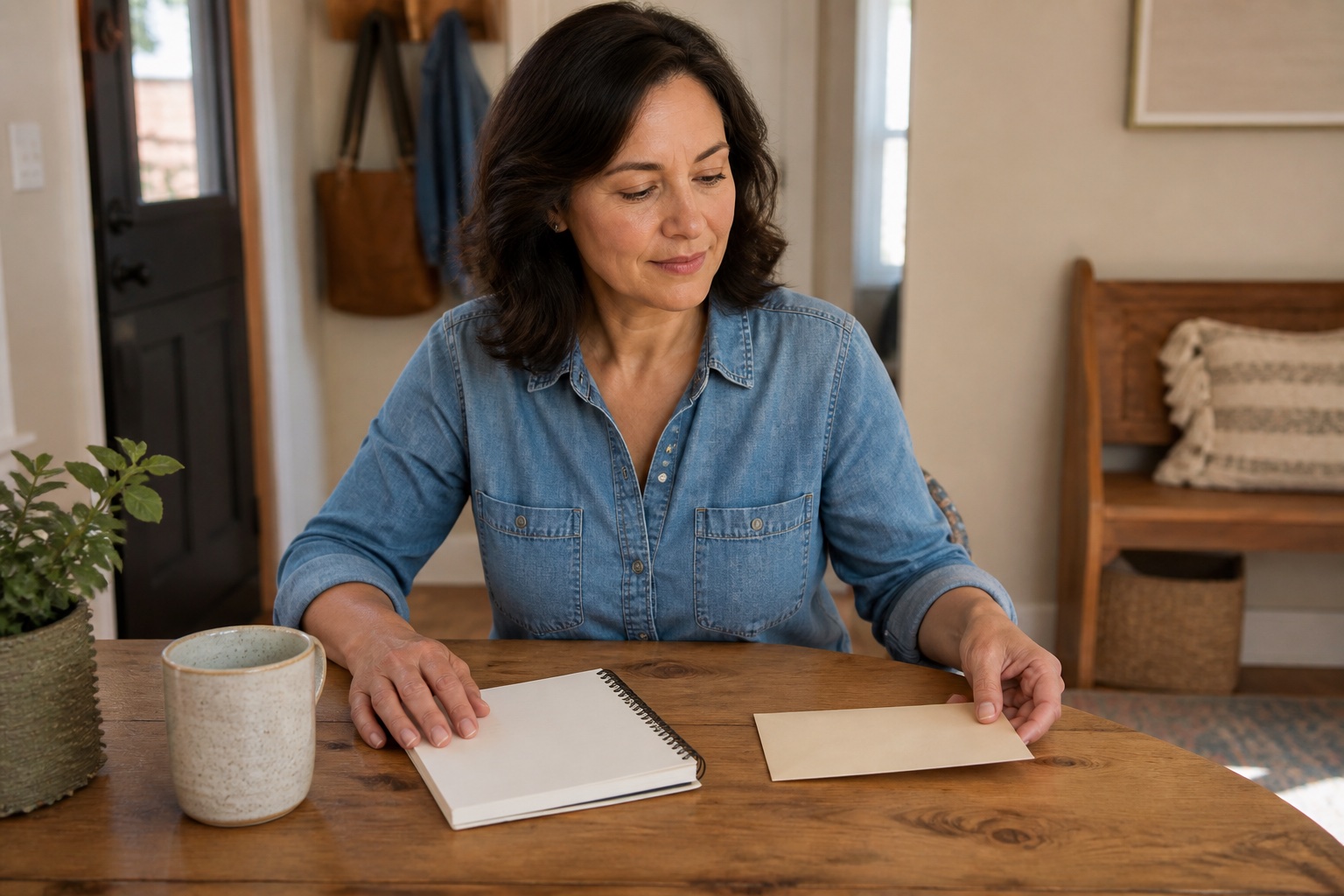 Midlife woman placing a notebook beside an appointment card as she prepares for a provider conversation