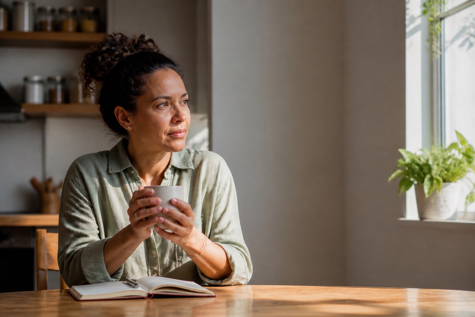 Woman pausing with tea and a notebook at a sunny kitchen table while tracking digestive changes