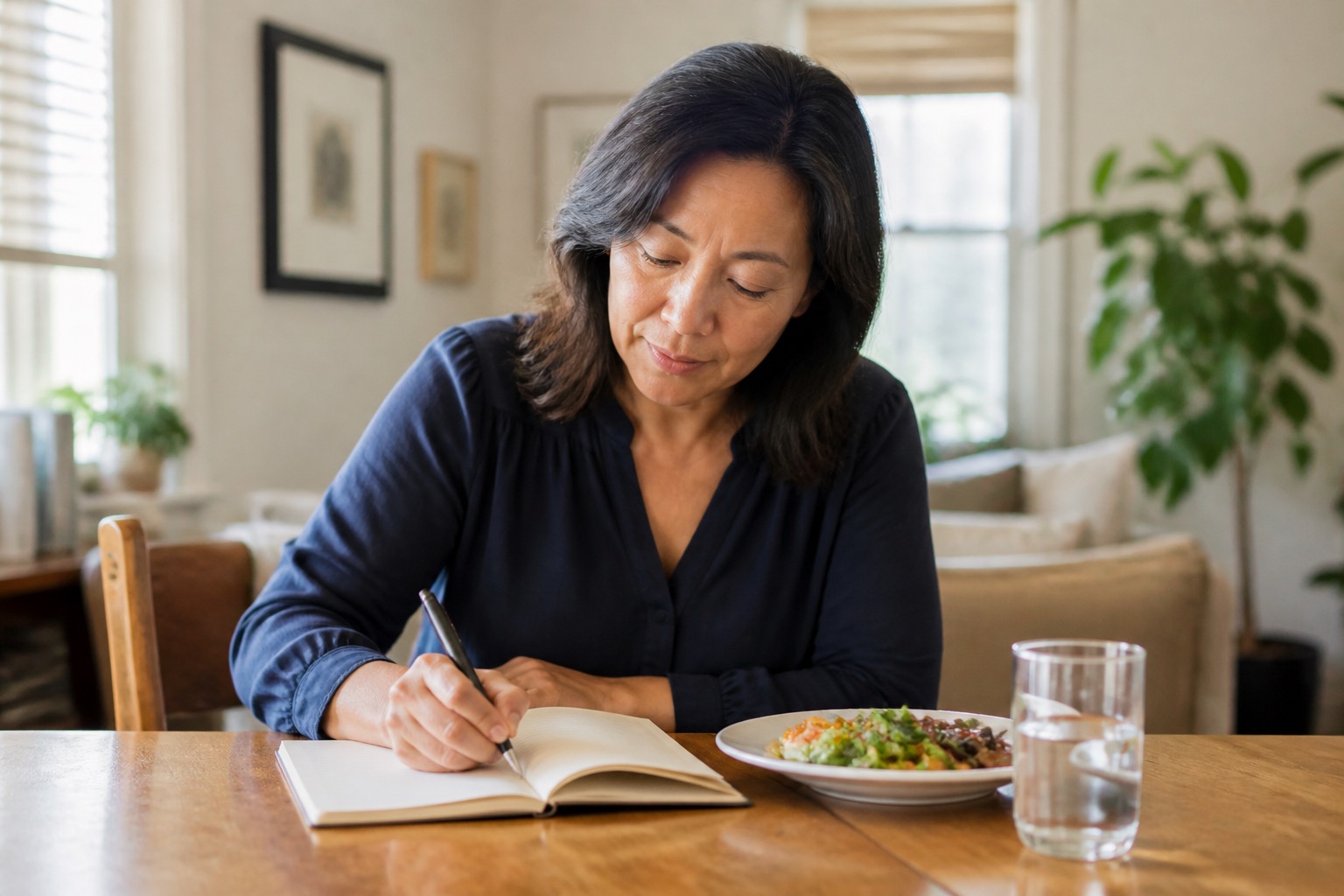 Woman writing a simple digestive-symptom note beside a meal and glass of water