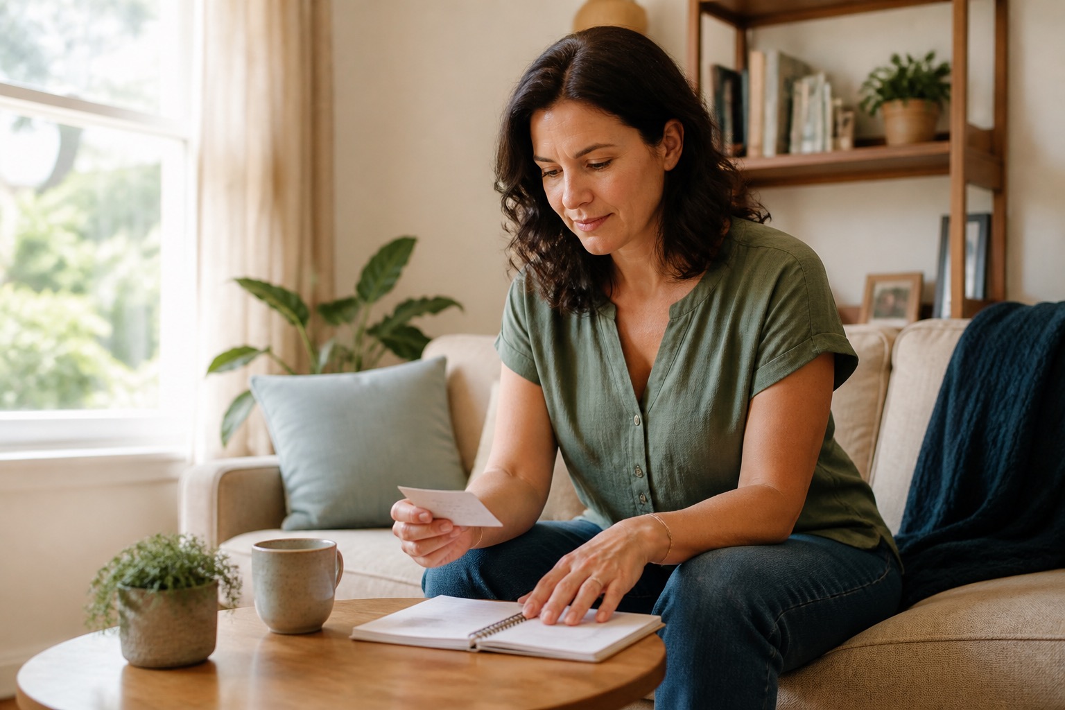 Woman organizing a notebook and appointment card before a healthcare conversation