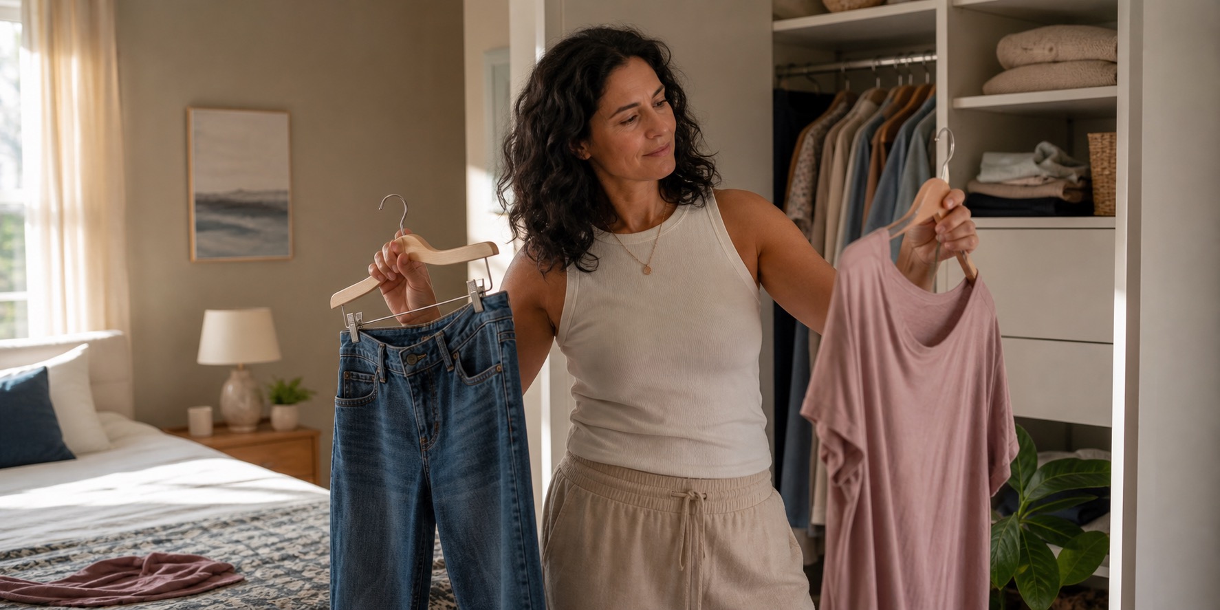Woman choosing comfortable clothes in her bedroom during perimenopause body changes