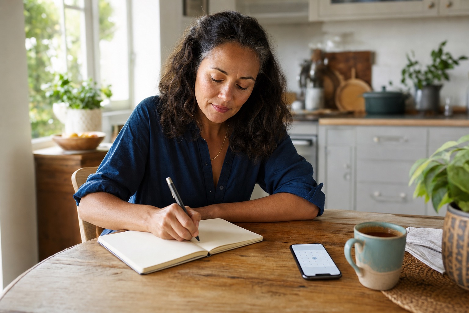 Woman writing in a notebook at a kitchen table while tracking perimenopause digestive symptoms