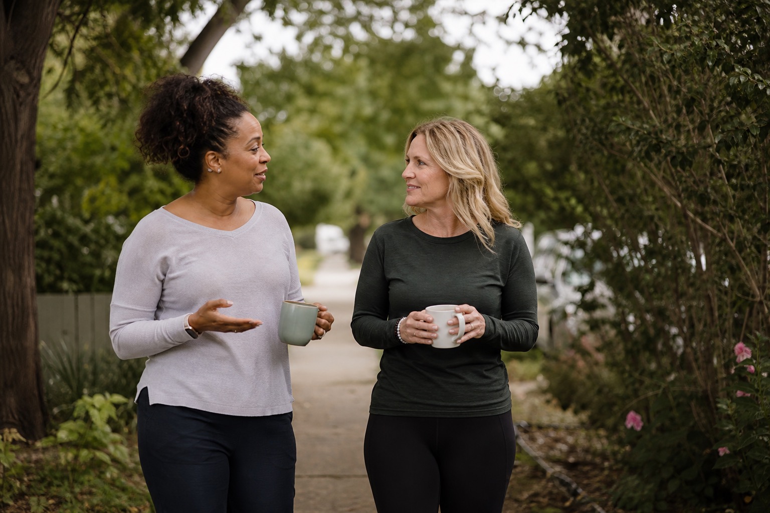 Two women walking outside while talking about confusing perimenopause symptoms