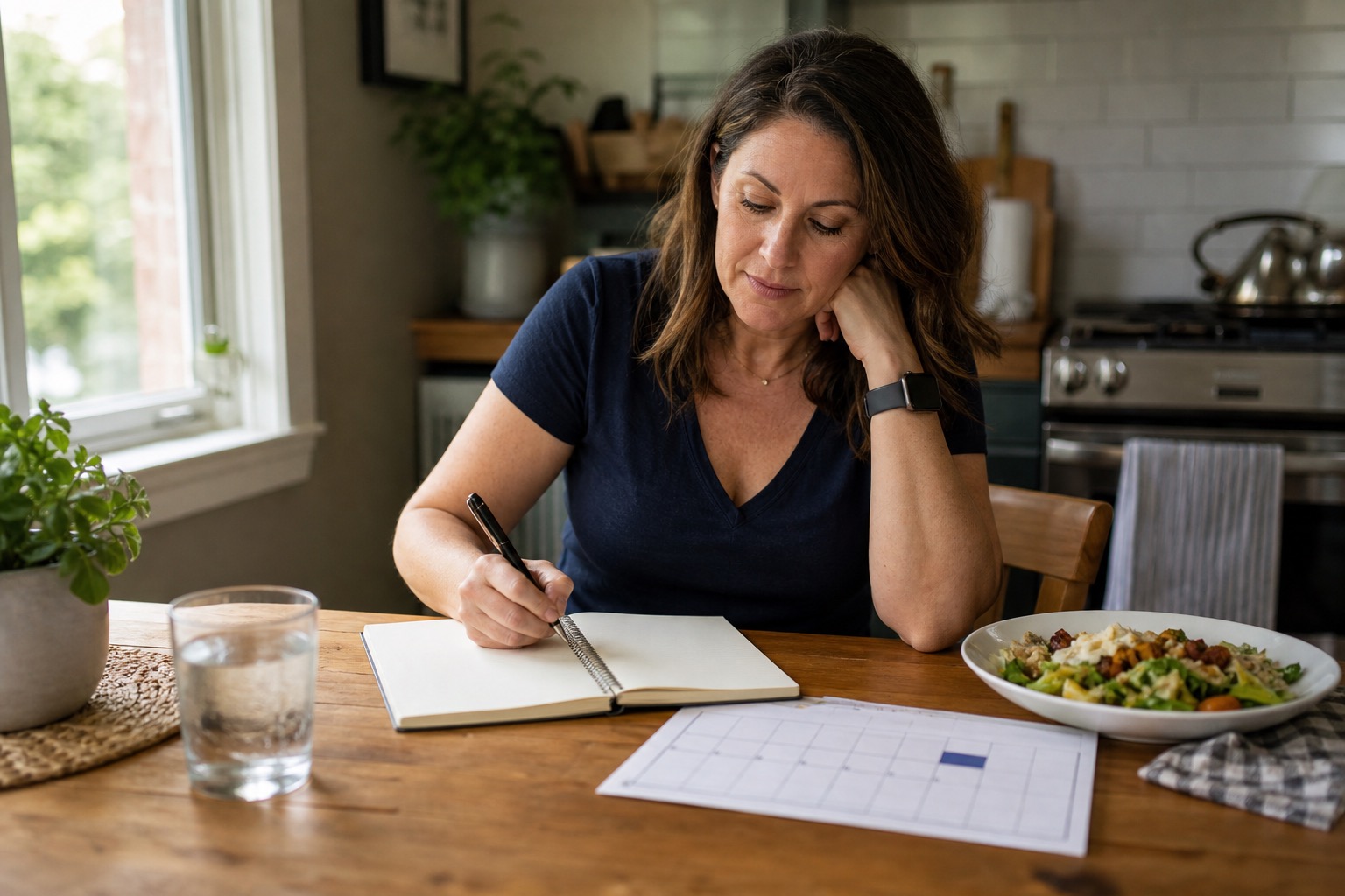 Woman writing in a notebook while tracking perimenopause bloating patterns at a kitchen table