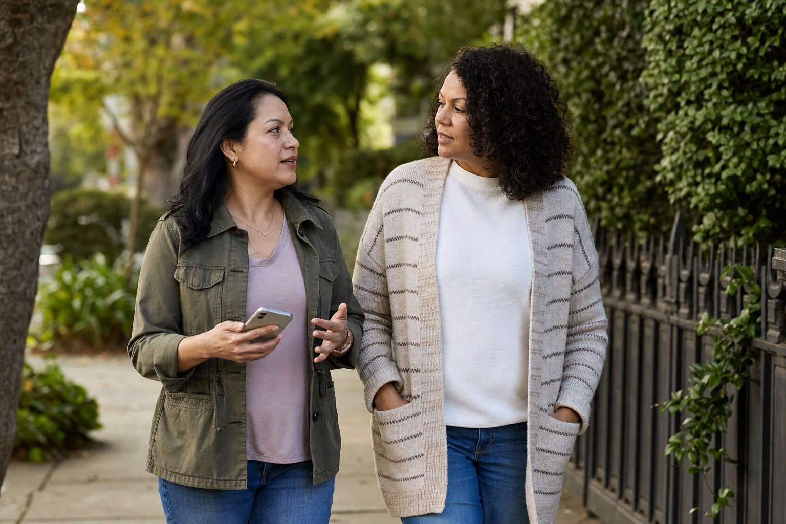 Two midlife women walking outside while talking through confusing perimenopause body changes