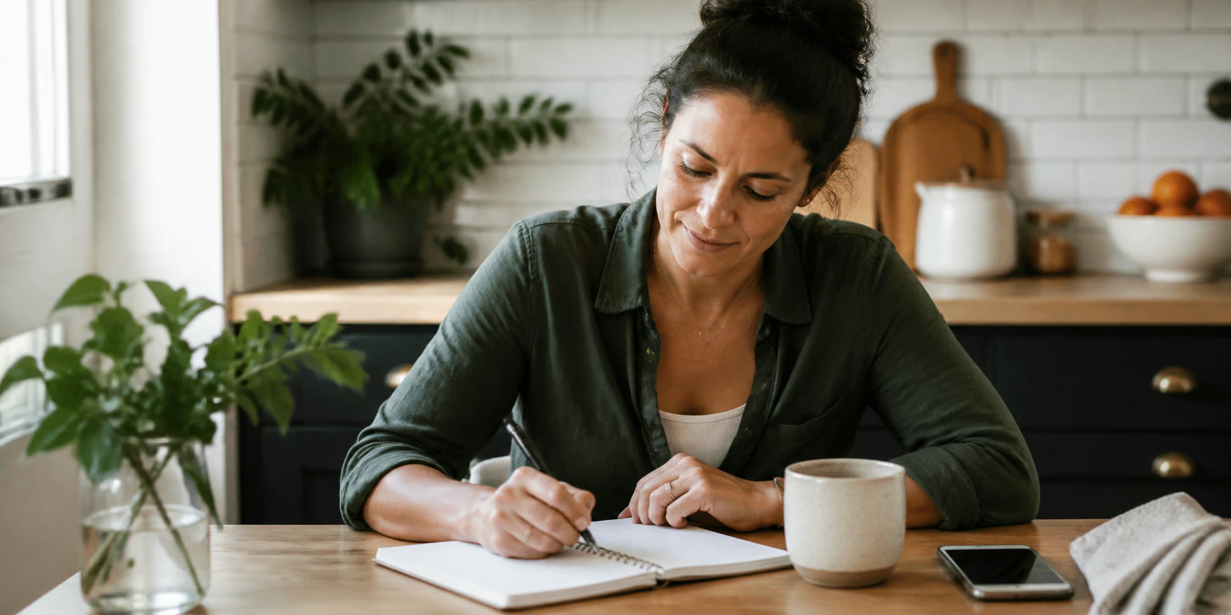 Woman writing in a notebook at a kitchen table while tracking perimenopause digestive symptoms