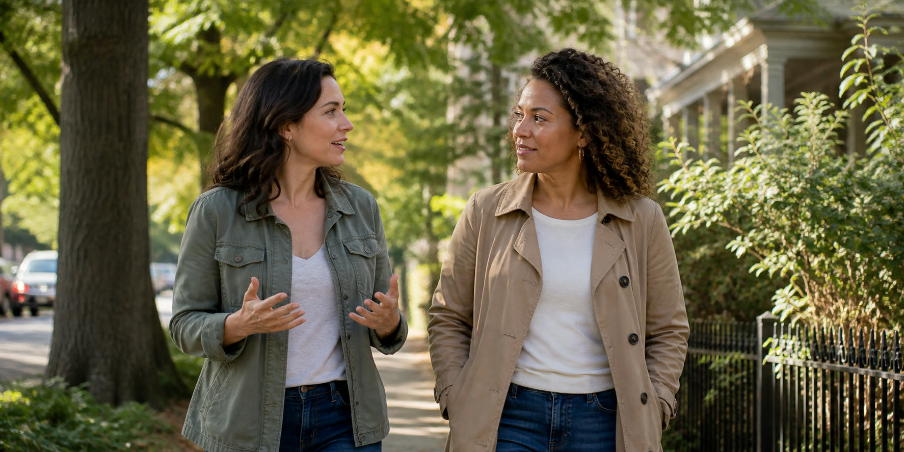 Two women walking outside while talking about confusing perimenopause symptoms