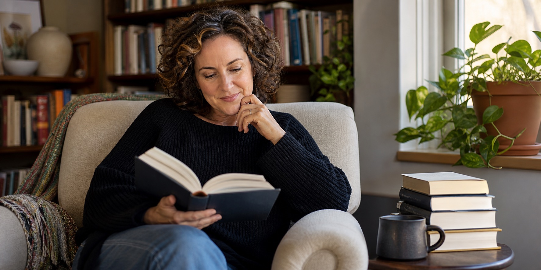 Woman reading a book in a warm home library