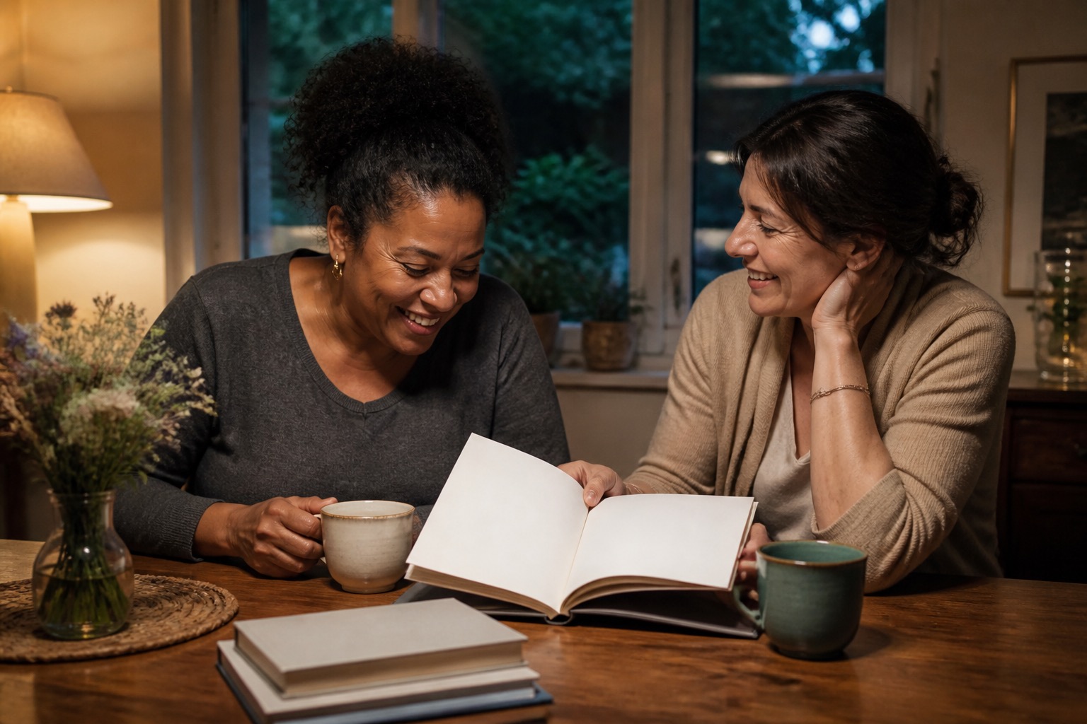 Two women sharing a laugh over a blank open book and tea