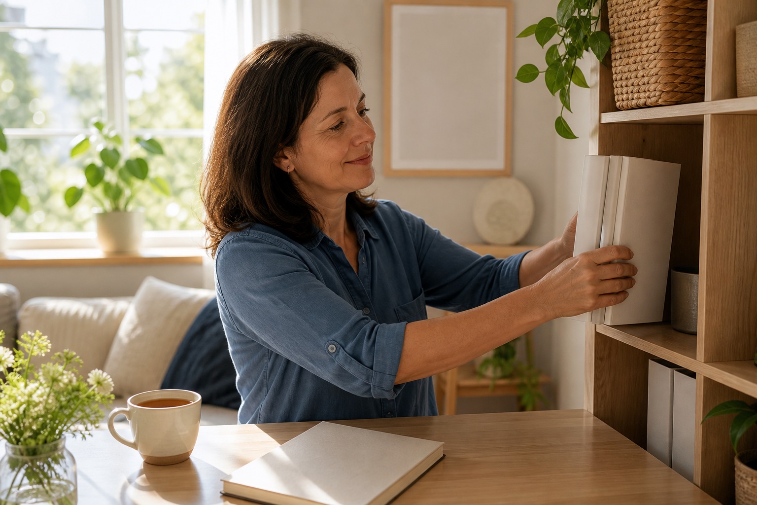 Woman placing blank books on a home shelf beside a notebook and tea