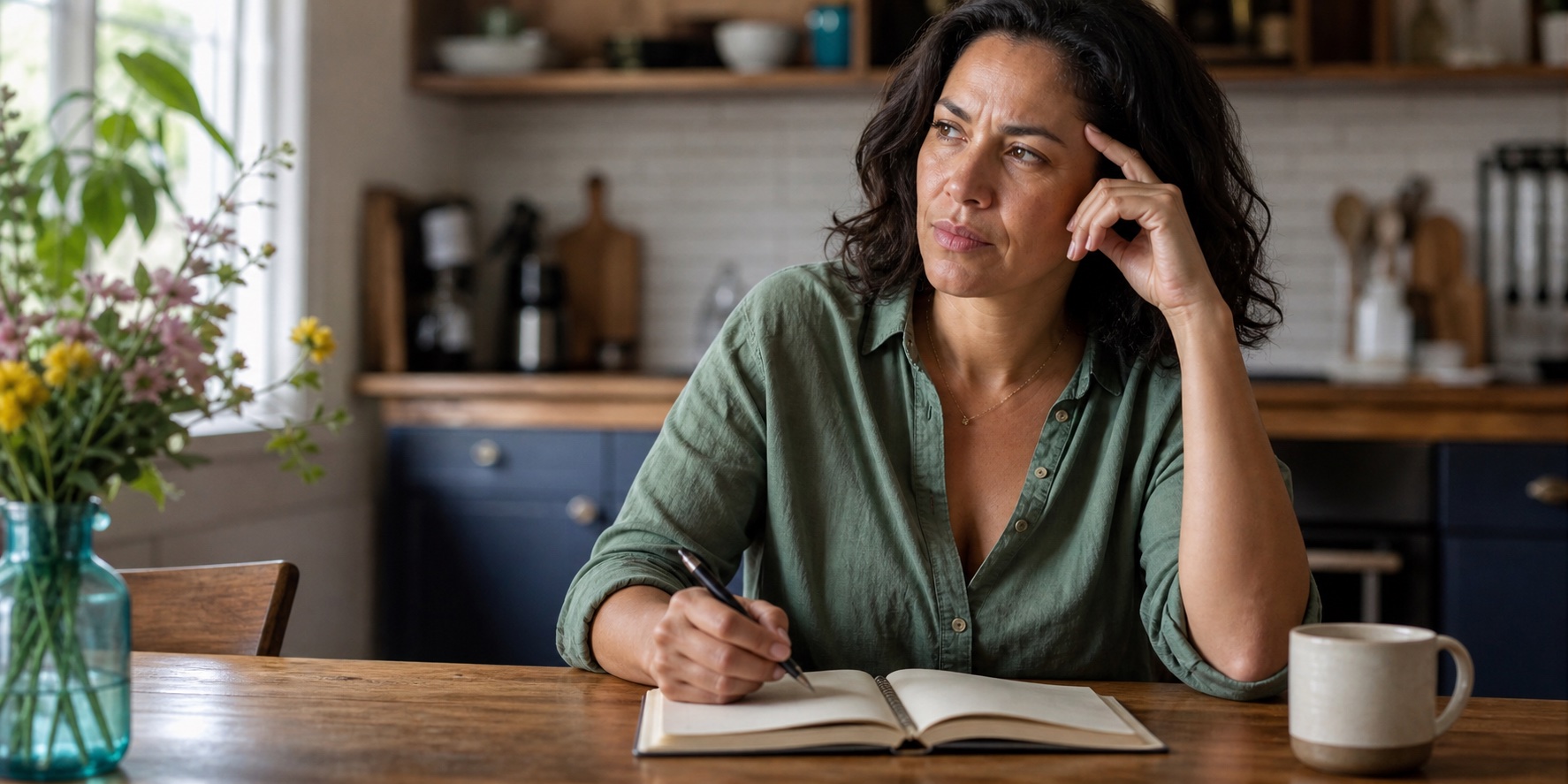 Woman at a kitchen table thinking through perimenopause brain fog symptoms with a notebook open