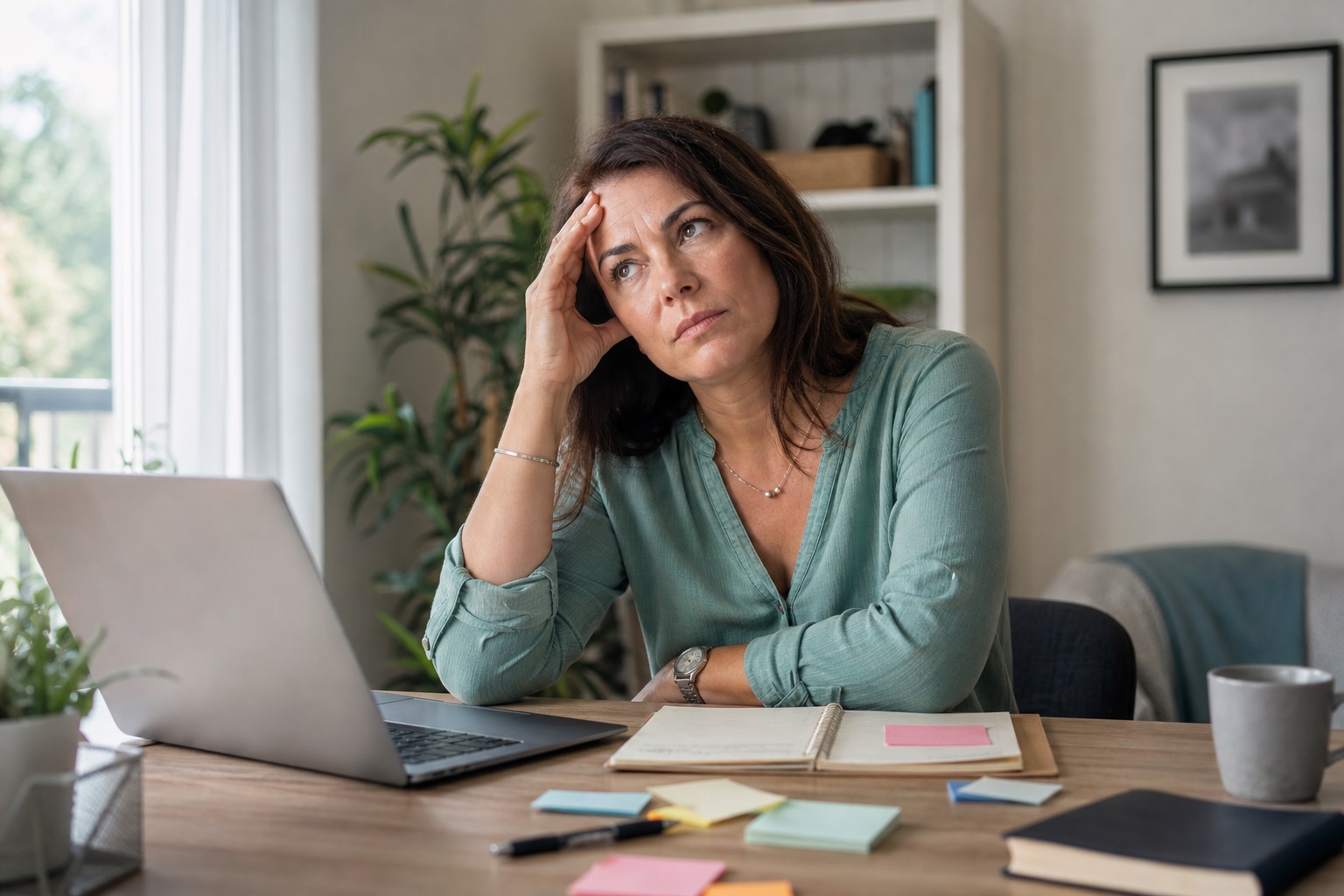 Woman at a work desk pausing with notes nearby while dealing with perimenopause brain fog symptoms