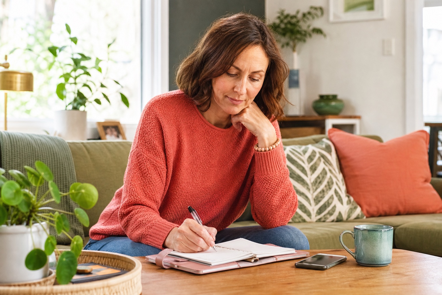 Woman calmly writing notes in a planner to track perimenopause brain fog patterns