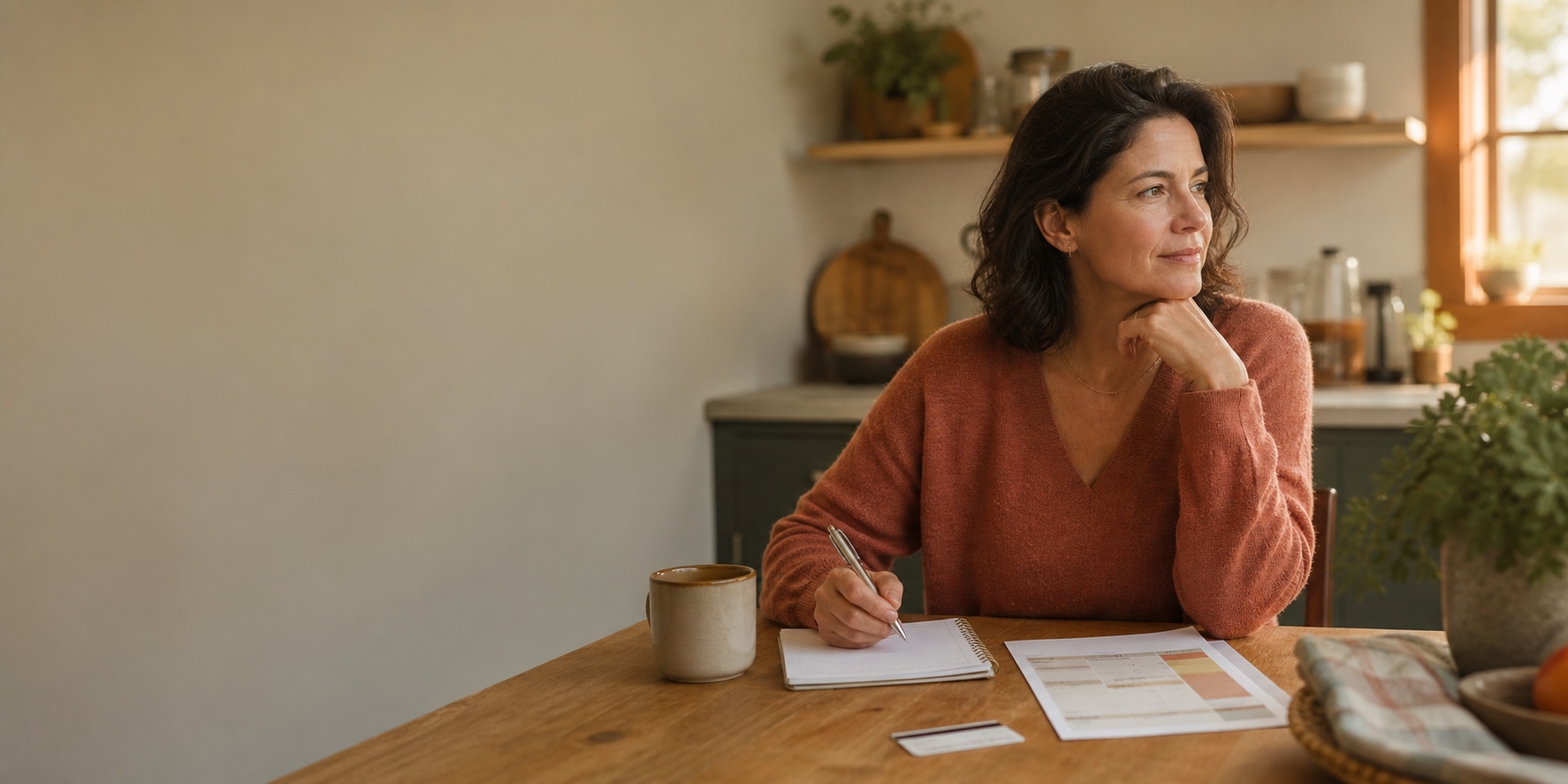 Woman organizing appointment notes and a household budget at her kitchen table
