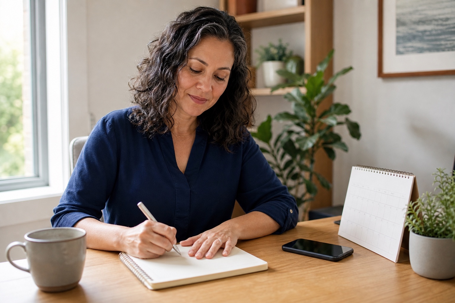 Woman writing a short appointment-preparation list beside a calendar