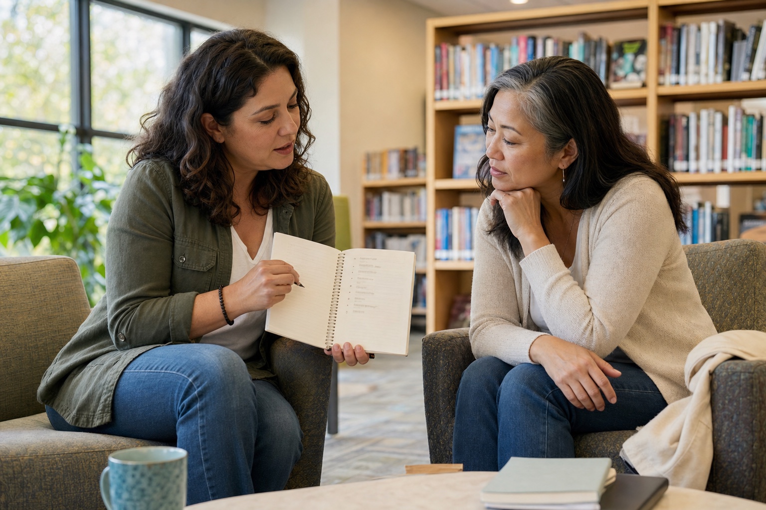 Two women comparing practical appointment notes in a quiet community library