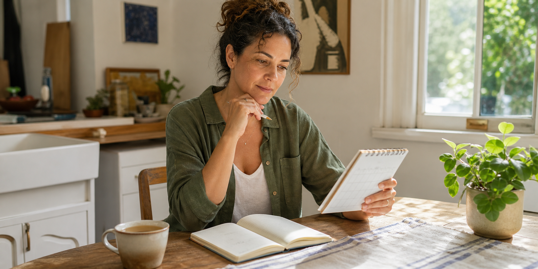 Woman reviewing a calendar and symptom notebook at her kitchen table