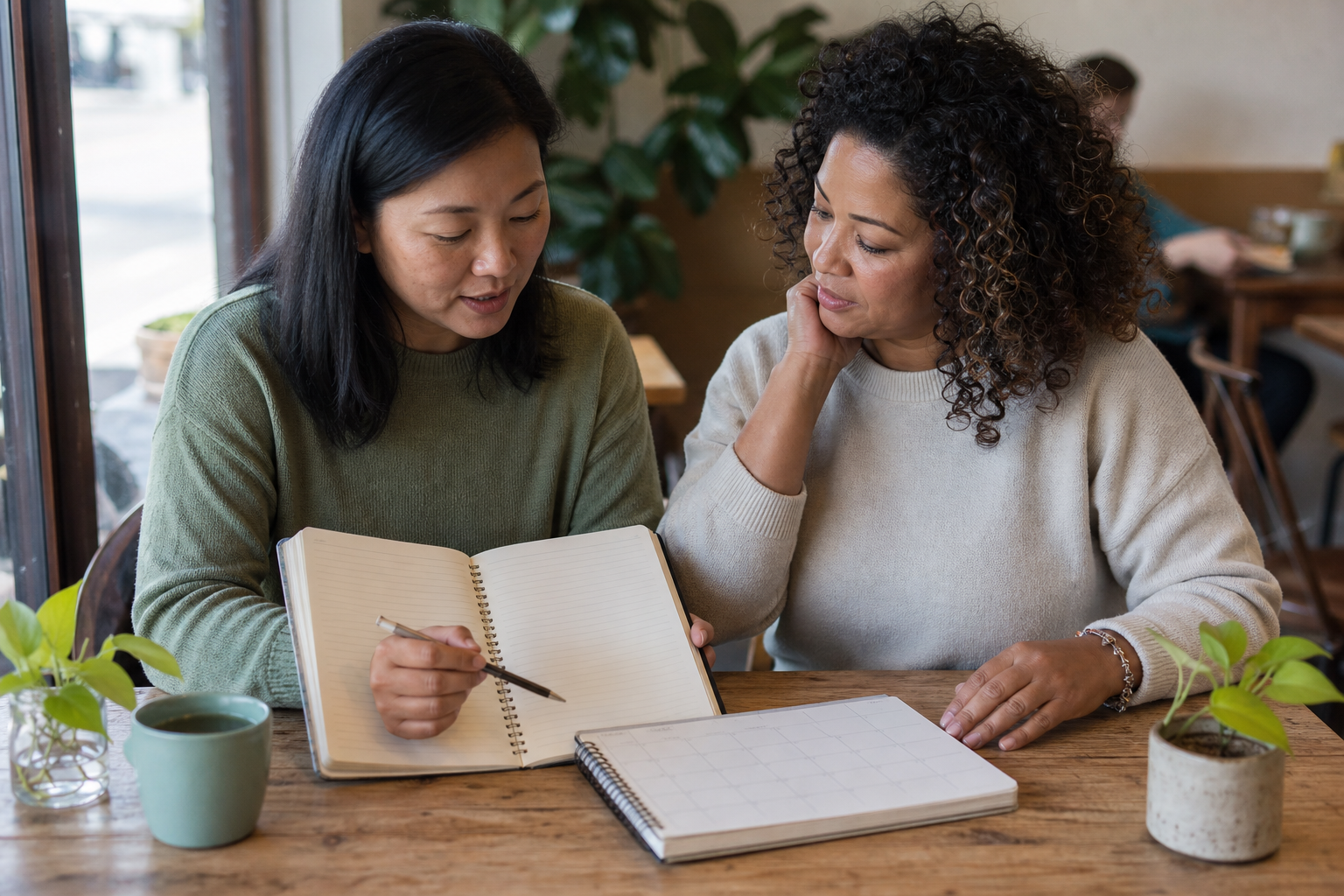 Two women comparing a symptom notebook and calendar over coffee