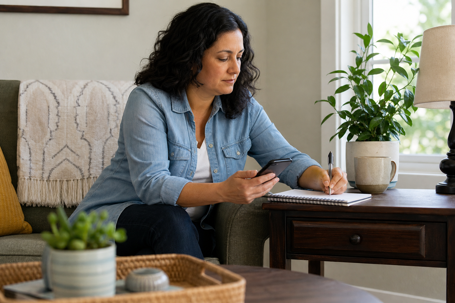 Woman making calm notes beside a phone calendar before a provider visit