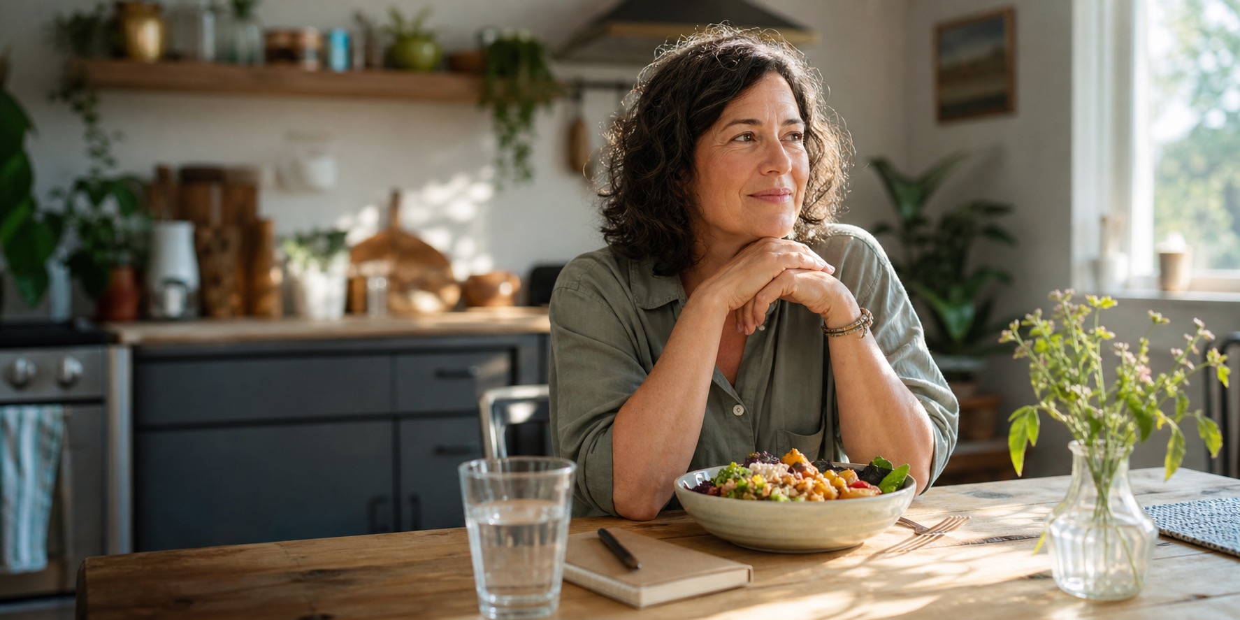 Woman sitting at a sunny kitchen table with an everyday colorful meal and a notebook