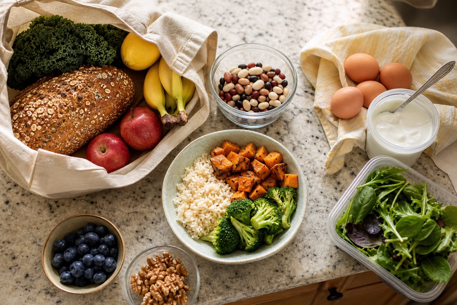 Everyday foods including beans, greens, whole-grain bread, fruit, yogurt, eggs, and a simple prepared meal on a kitchen counter