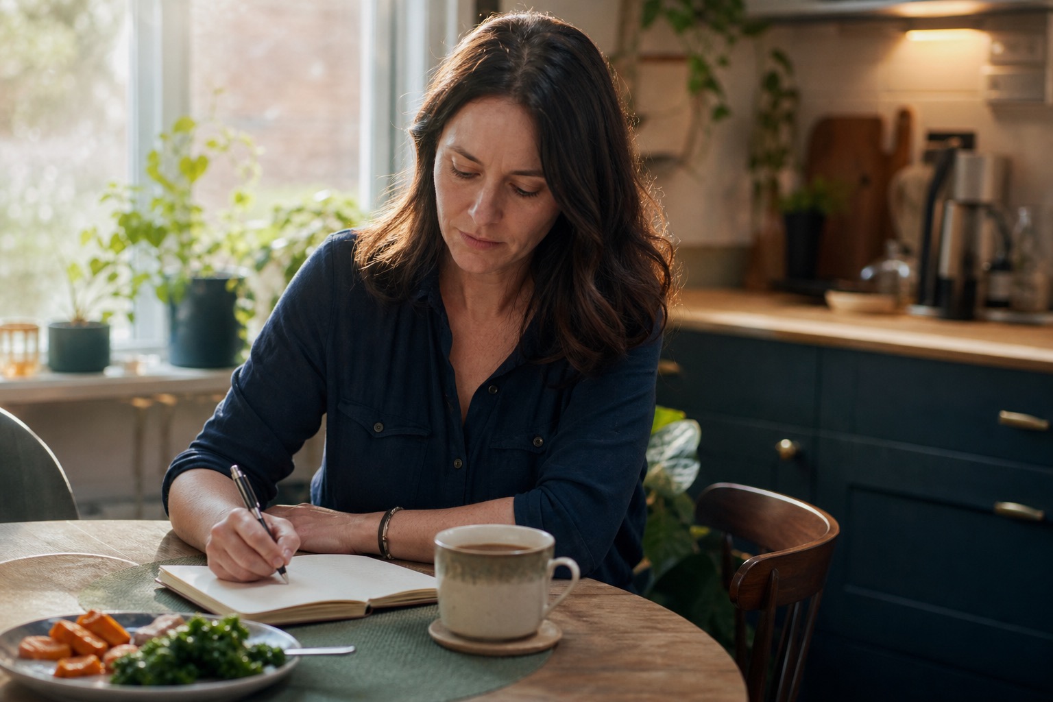 Woman writing a few health and meal notes in a plain notebook beside tea and an ordinary meal at her kitchen table