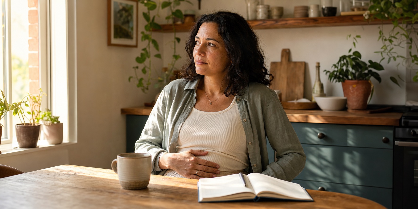 Woman at a kitchen table thinking through perimenopause digestive issues with a blank notebook nearby