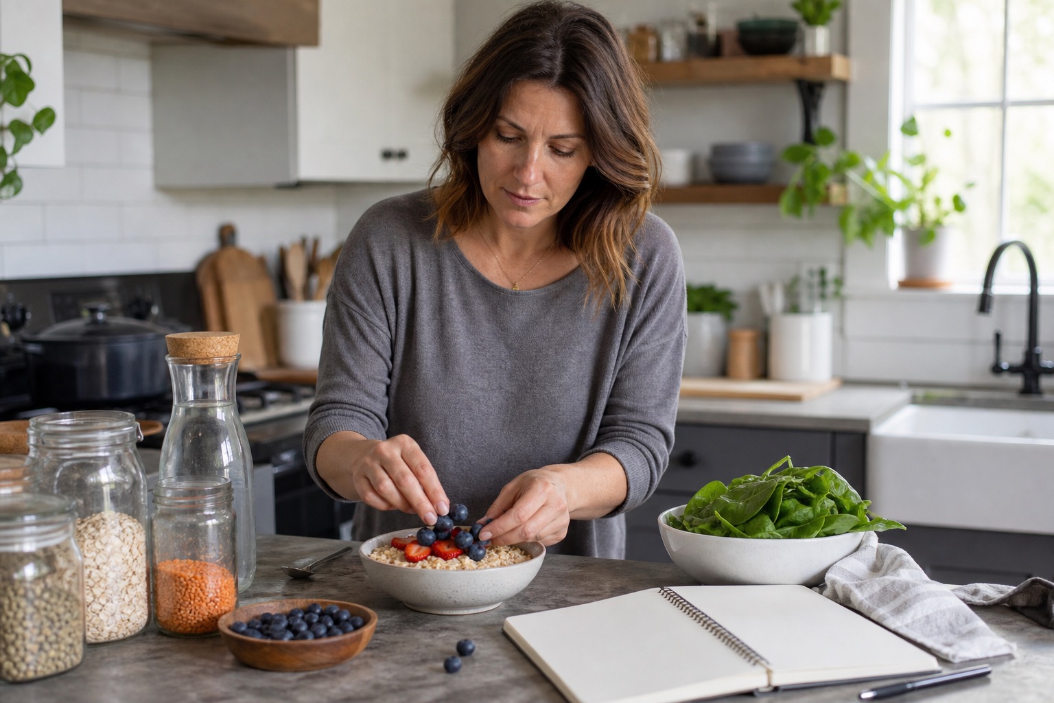 Woman preparing fiber-rich food beside a blank notebook while tracking perimenopause digestive patterns