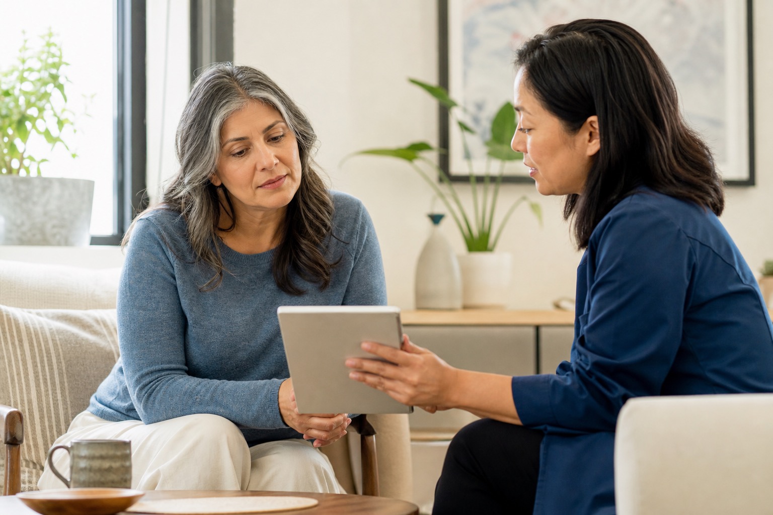 Midlife woman discussing digestive symptom patterns with a healthcare provider using a blank tablet