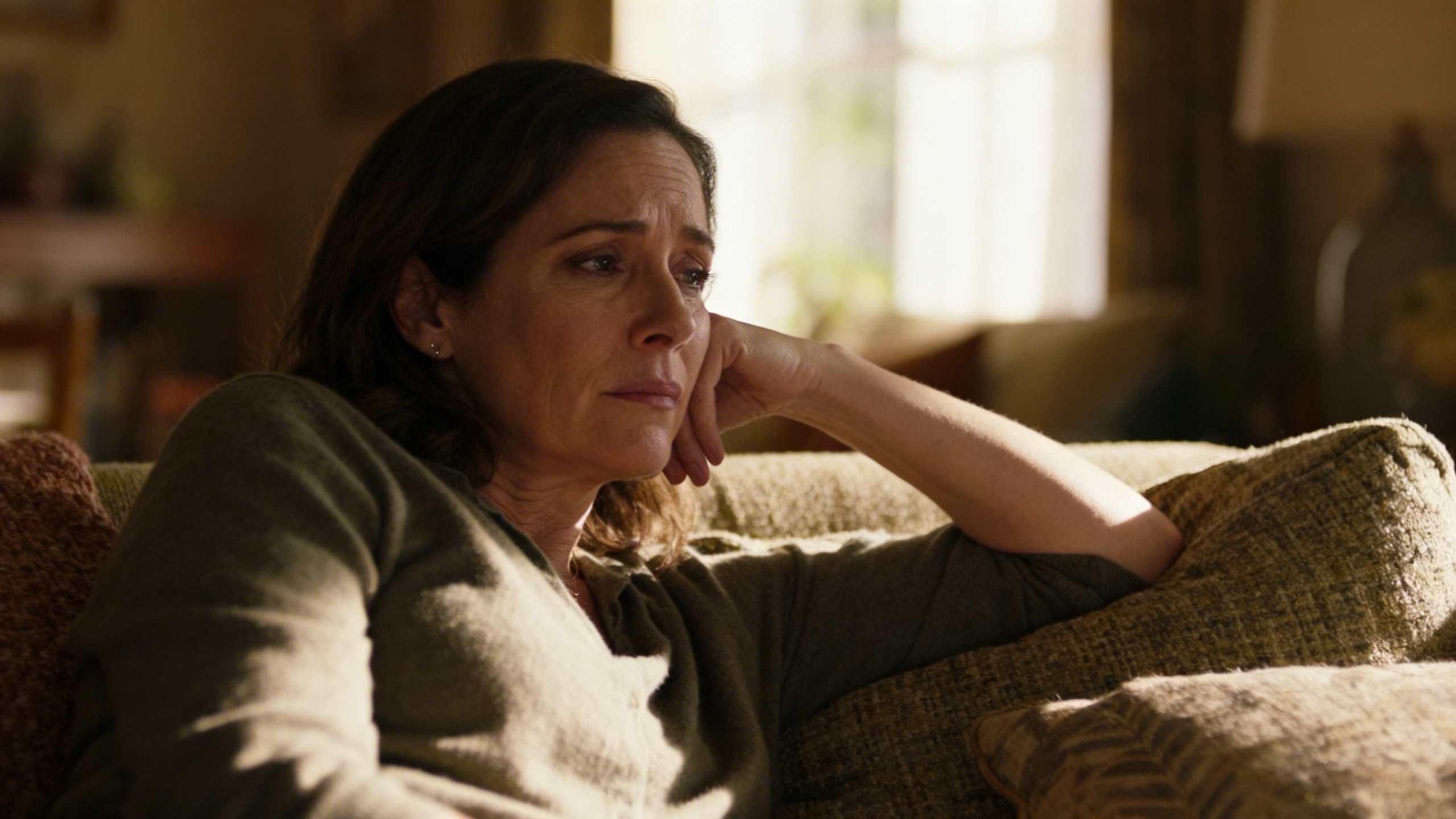 Woman resting on a couch, looking tired but thoughtful