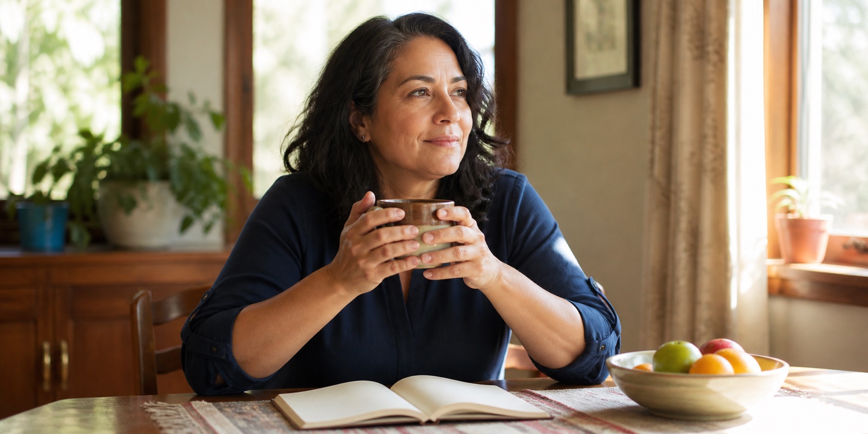 Midlife woman having a quiet moment at home while thinking about perimenopause gas and bloating