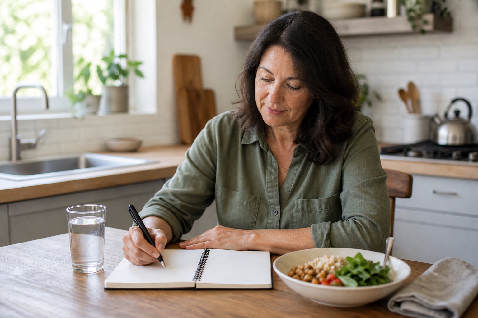 Midlife woman writing brief digestive-symptom notes in a blank notebook at her kitchen table