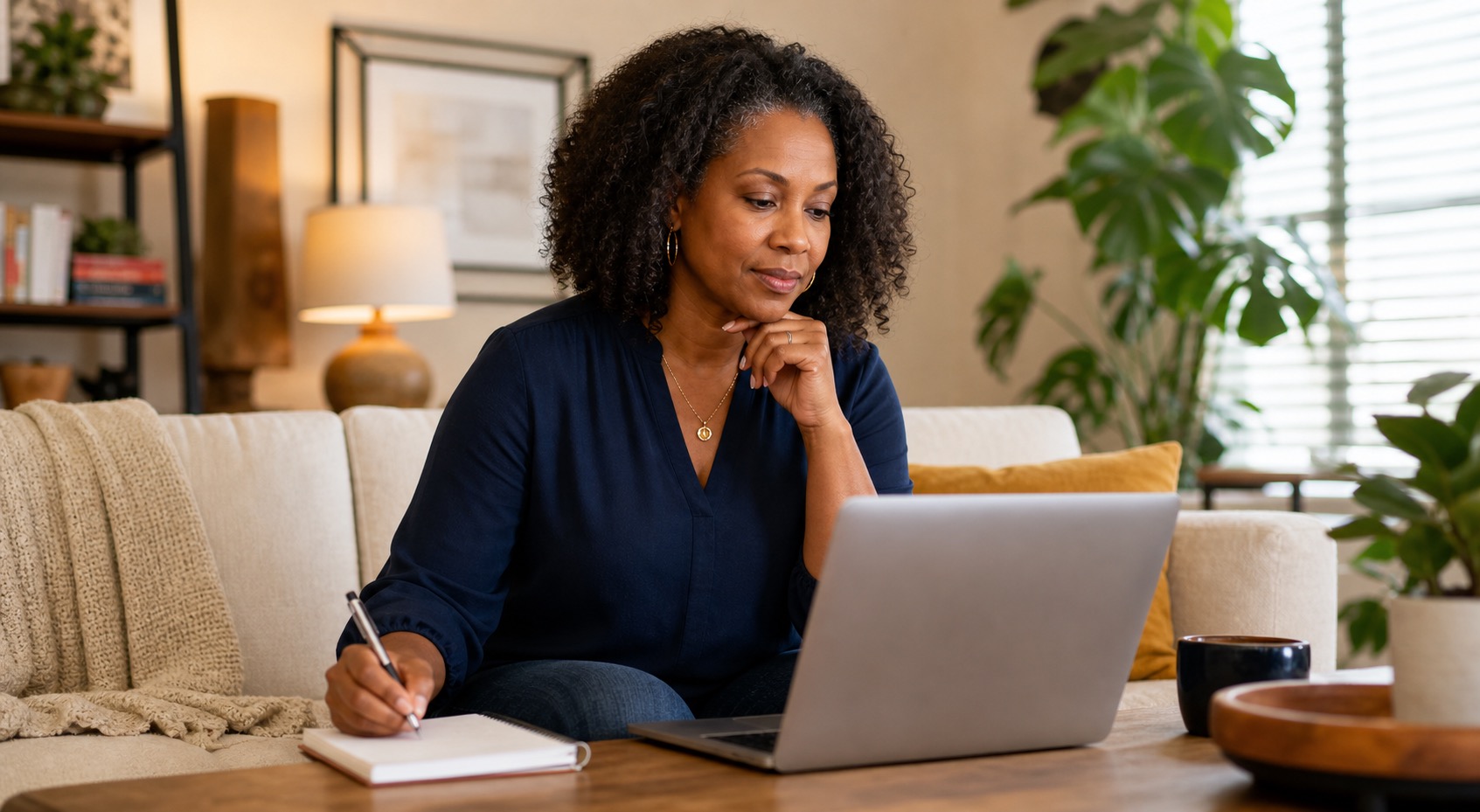 Woman preparing healthcare questions on a laptop and notebook