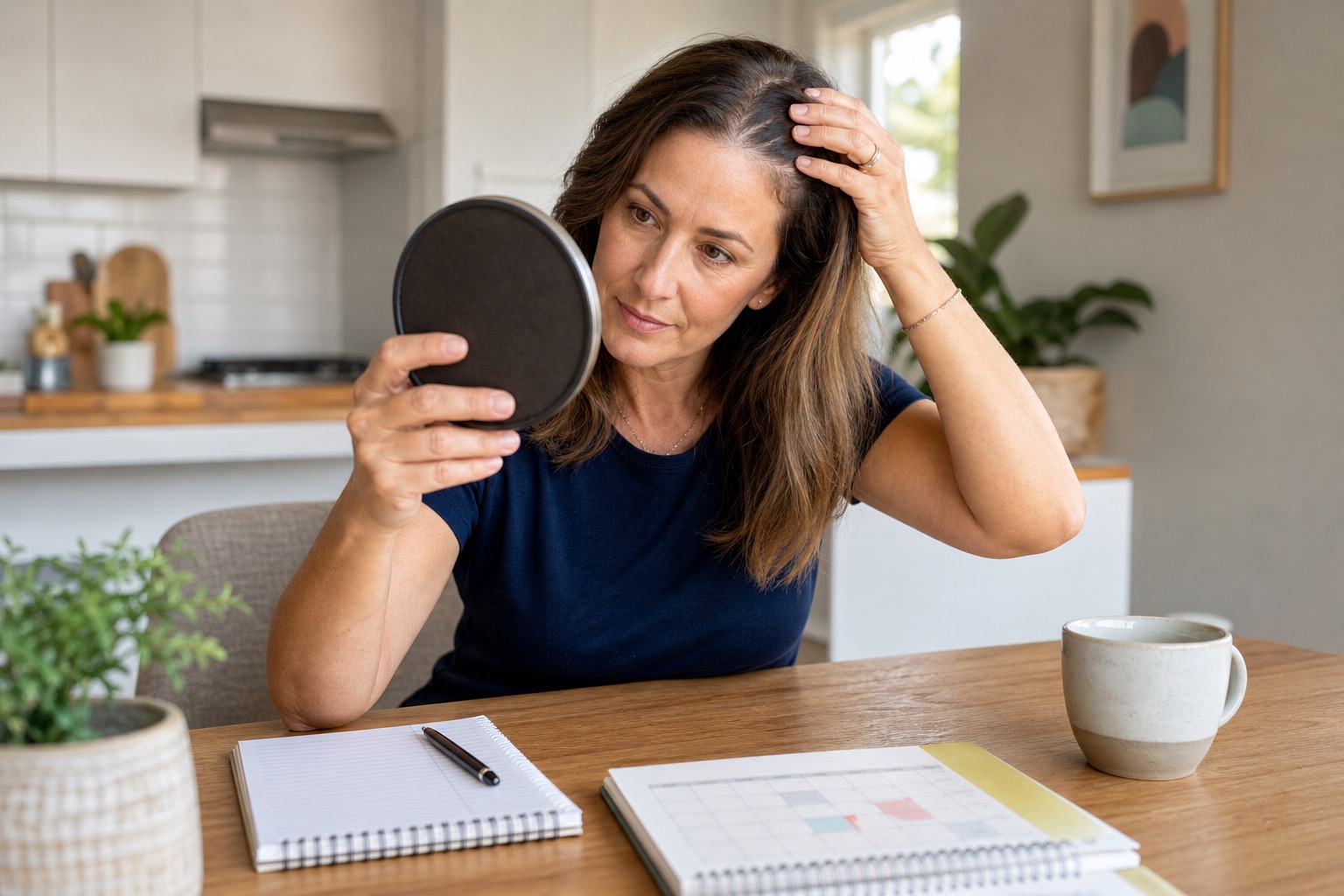 Woman checking her hair part with a mirror beside a symptom notebook