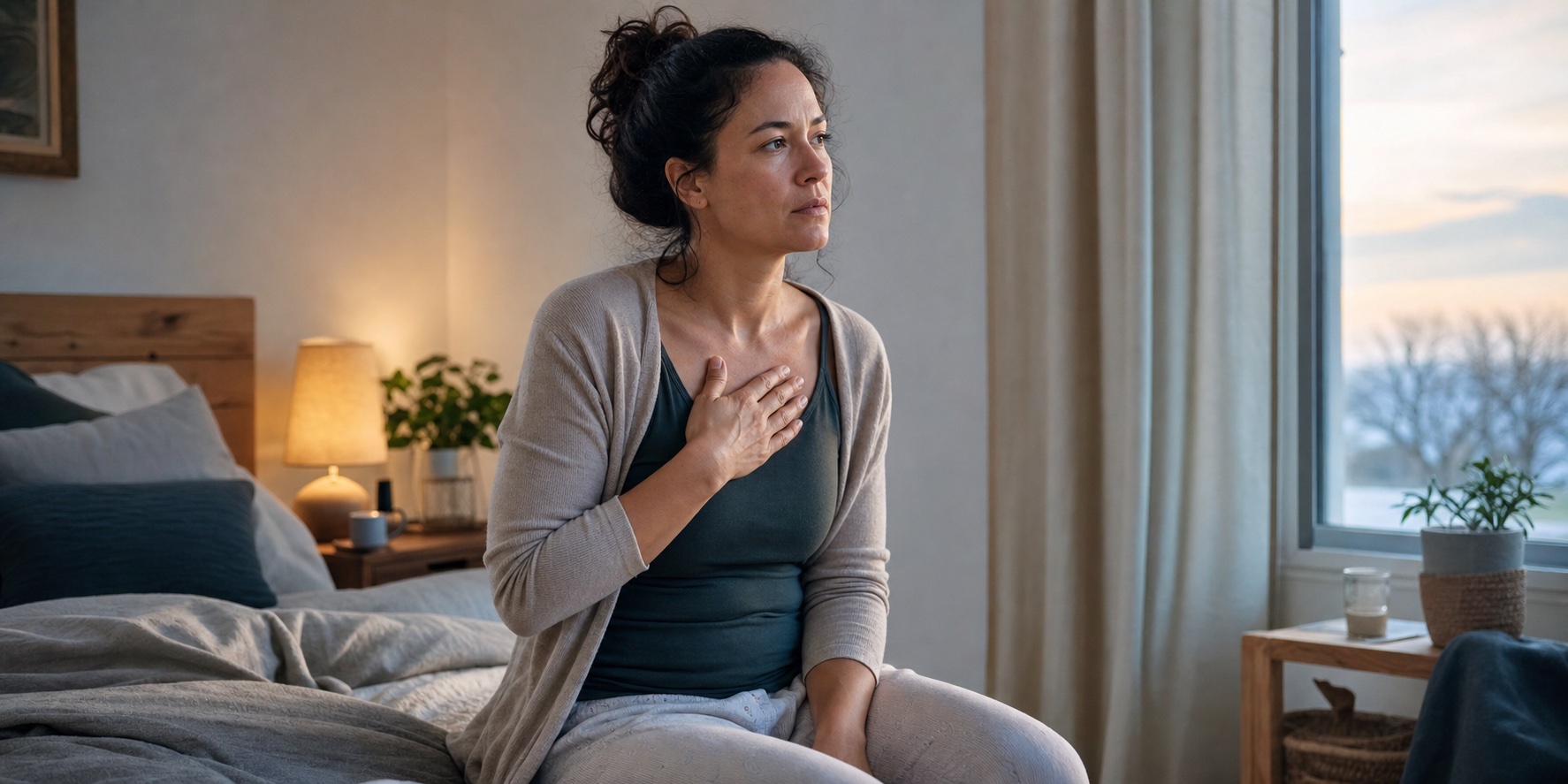 Woman in her 40s sitting awake on her bed with one hand resting calmly near her chest