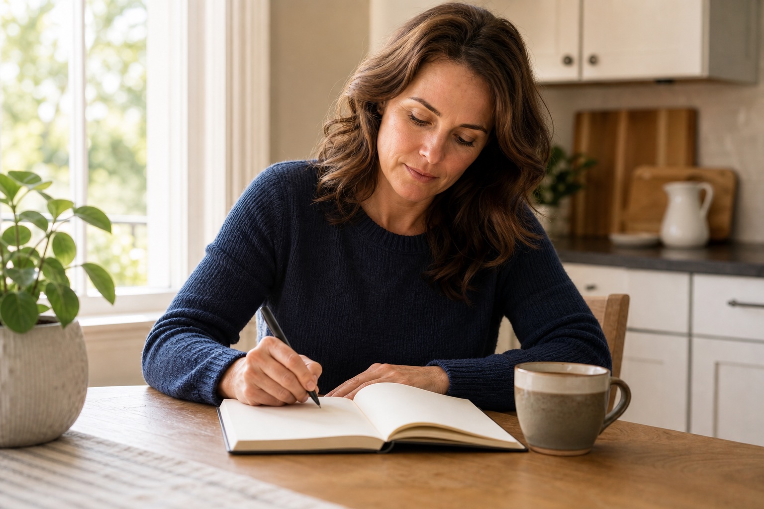 Woman sitting at a kitchen table in morning light writing down heartbeat symptoms in a notebook