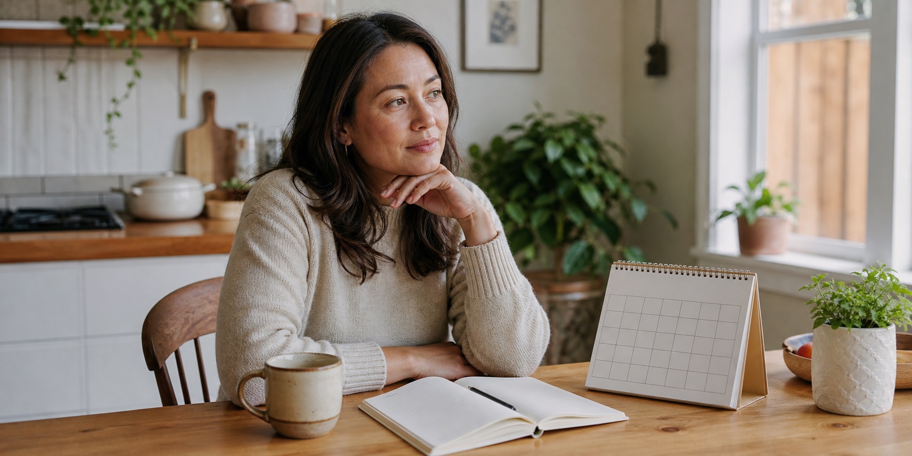 Woman with a blank period tracker thinking about perimenopause heavy periods