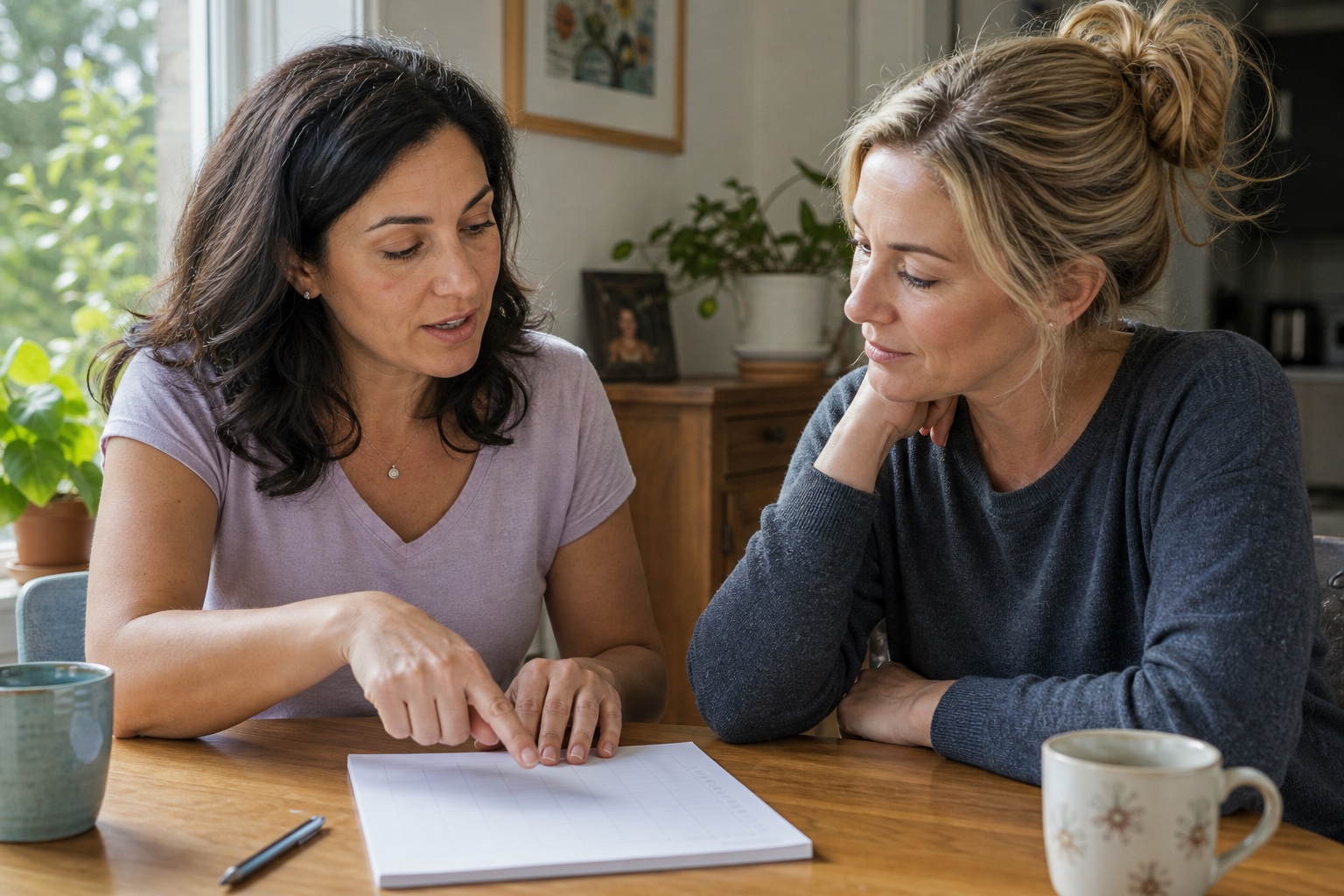 Two women reviewing a blank tracker while discussing heavy period patterns during perimenopause