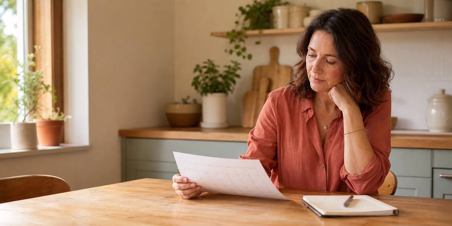 Woman reviewing a blank calendar and notebook at a sunlit kitchen table before a healthcare appointment